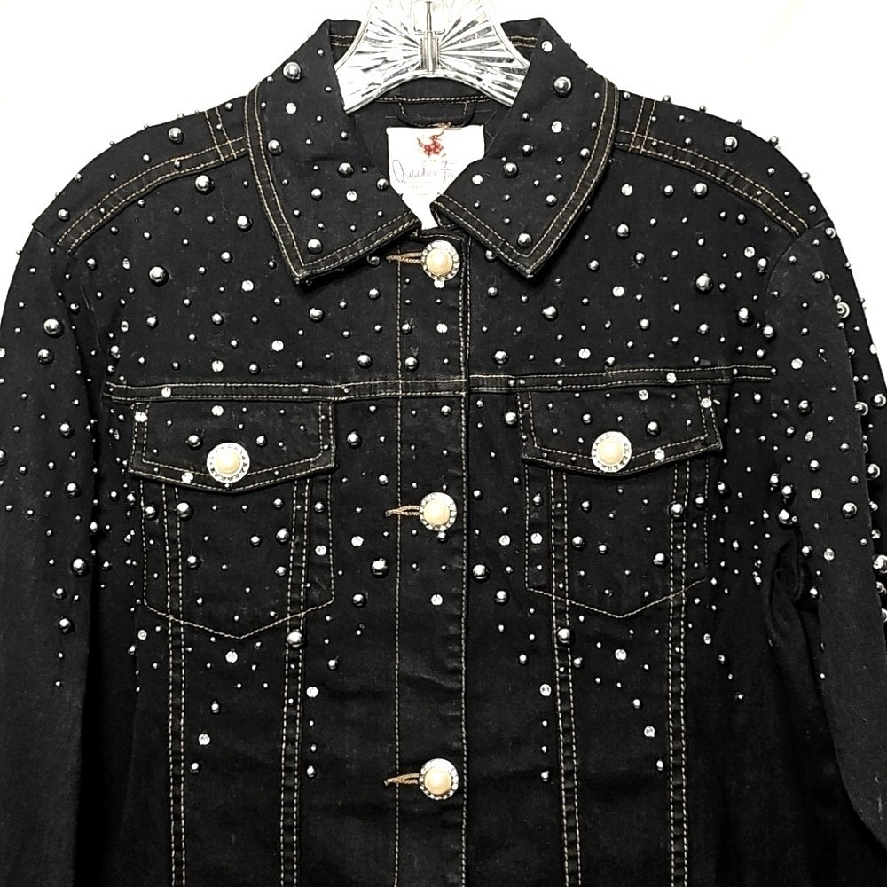 Quacker Factory Womens Black Denim Stretch Beaded Bling Jacket Oversized XS